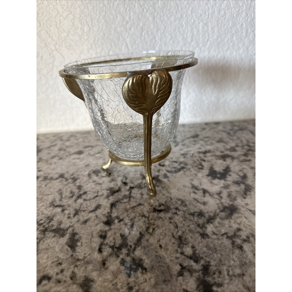 Vintage Crackle Glass ~ Brass Base ~ Heart ~ Art Deco ~5"